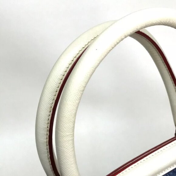 PRADA BN2441 Denim + Saffiano Tote Bag Shoulder Bag Hand Bag Cotton Blue/White - Picture 3 of 9